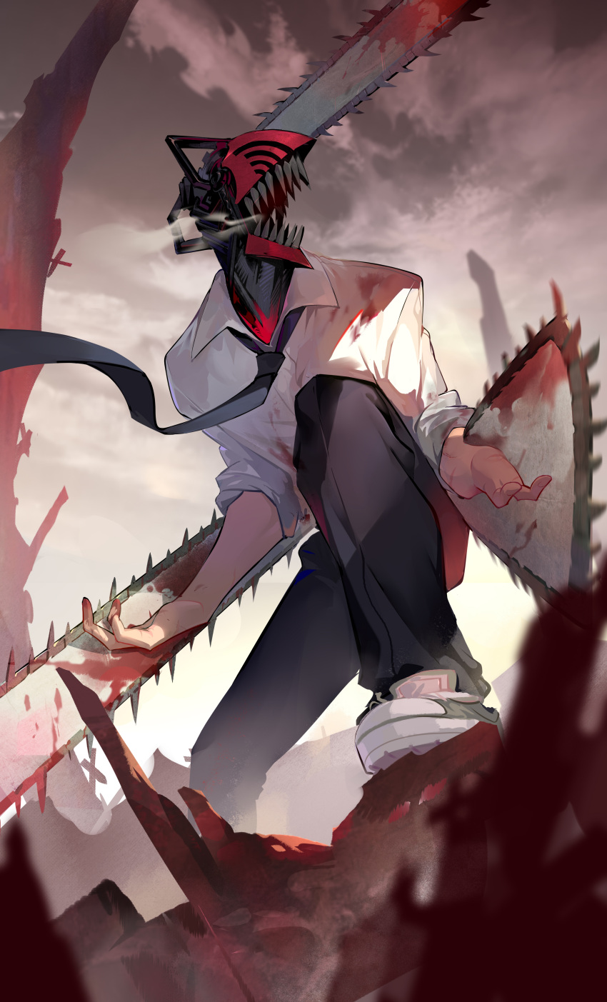 1boy absurdres black_necktie black_pants blood blood_on_clothes blood_on_hands blood_on_weapon blurry chainsaw chainsaw_man clouds collared_shirt denji_(chainsaw_man) depth_of_field foot_out_of_frame from_below grey_sky highres hybrid legs_apart male_focus necktie open_mouth outdoors pants rubble sharp_teeth shirt shoes sleeves_rolled_up sneakers solo squatting steam teeth weapon white_shirt xieedeguaishou