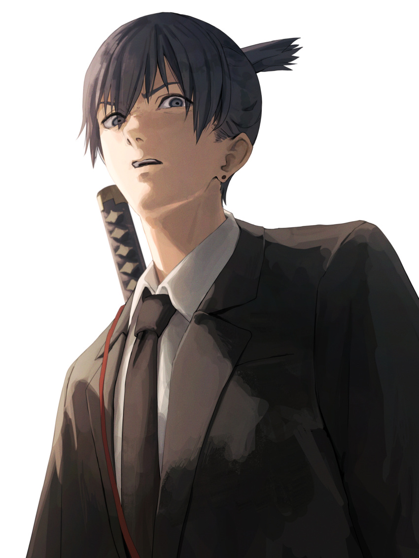 1boy absurdres ao_desu2222 black_hair black_necktie blue_jacket chainsaw_man collared_shirt earrings formal hayakawa_aki highres jacket jewelry katana looking_at_viewer necktie open_mouth shirt short_hair simple_background solo stud_earrings suit sword topknot weapon weapon_on_back white_background white_shirt