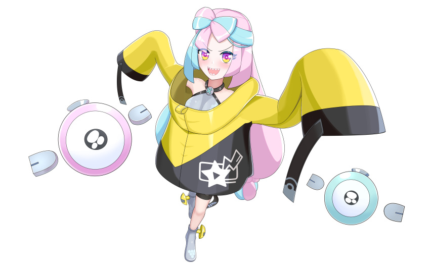 1girl absurdres bow-shaped_hair grey_footwear grey_pantyhose hexagon_print highres iono_(pokemon) jacket long_hair low-tied_long_hair multicolored_hair oversized_clothes pantyhose pink_eyes pink_hair pokemon pokemon_(game) pokemon_sv rj-dx sharp_teeth shirt single_leg_pantyhose sleeveless sleeveless_shirt sleeves_past_fingers sleeves_past_wrists solo teeth twintails two-tone_hair very_long_hair very_long_sleeves x yellow_jacket