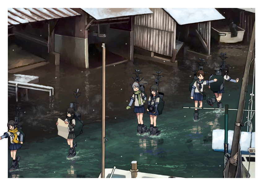 6+girls backpack bag bangs black_eyes black_hair black_scarf black_skirt black_socks blue_ribbon blue_skirt braid brown_hair camera commentary_request from_above fubuki_(kancolle) fubuki_kai_ni_(kancolle) green_bag green_mittens green_scarf grey_eyes grey_footwear grey_hair hair_ribbon hatsuyuki_(kancolle) highres holding holding_camera holding_map isonami_(kancolle) kantai_collection long_hair looking_at_another map mittens miyuki_(kancolle) multiple_girls neck_ribbon parted_bangs pleated_skirt radar red_ribbon ribbon rigging scarf school_uniform serafuku shirayuki_(kancolle) short_hair short_sleeves short_twintails sidelocks skirt smokestack socks swept_bangs timmyyen twintails usugumo_(kancolle) wide_shot yellow_scarf