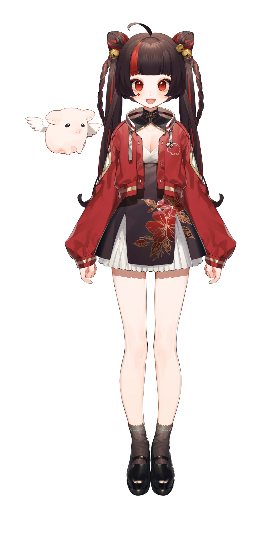 1girl :d absurdres ankle_socks bare_legs black_dress black_footwear black_hair black_socks blush braid chinese_clothes cleavage_cutout clothing_cutout double_bun dress facial_tattoo floral_print flying_pig full_body hair_bun highres jacket kero_(vtuber) letterman_jacket long_hair long_sleeves mary_janes multicolored_hair nijisanji official_art open_clothes open_jacket pelvic_curtain pig red_eyes red_jacket redhead shoes smile socks solo standing streaked_hair tattoo transparent_background twin_braids twintails virtual_youtuber virtuareal