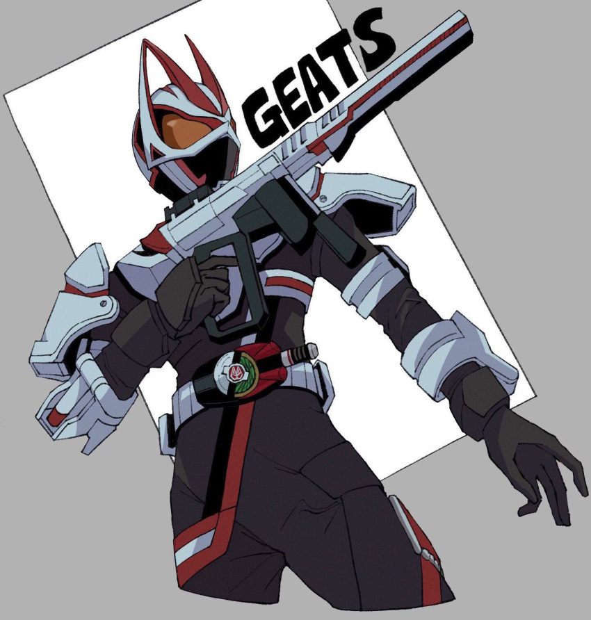1boy animal_ears armor armored_boots boots character_name cropped_legs desire_driver fox_ears gauntlets grey_background gun helm helmet highres holding holding_gun holding_weapon kamen_rider kamen_rider_geats kamen_rider_geats_(series) magnum_boost magnum_shooter_40x orange_armor solo tiri_bani tokusatsu weapon white_armor white_background