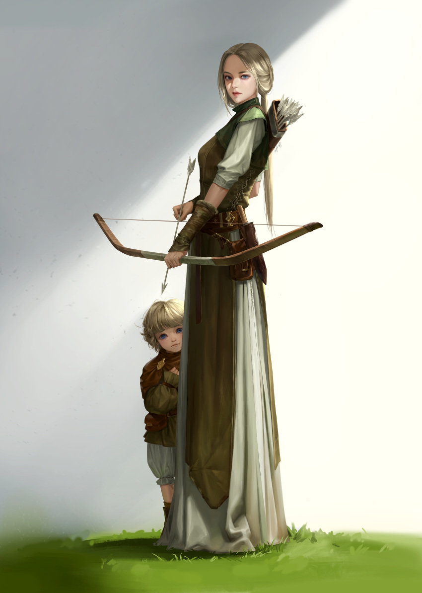 1boy 1girl absurdres armor arrow_(projectile) bangs belt belt_pouch black_footwear blonde_hair blue_eyes blunt_bangs bow_(weapon) brown_belt brown_shirt capelet closed_mouth commentary dated_commentary dress english_commentary forehead full_body grass highres holding holding_arrow holding_bow_(weapon) holding_weapon incredibly_absurdres knife leather_armor lips lizchief long_hair looking_at_viewer medium_hair original pouch puffy_shorts quiver sheath sheathed shirt shorts signature sleeves_past_elbows sleeves_past_wrists standing vambraces weapon white_dress white_shorts