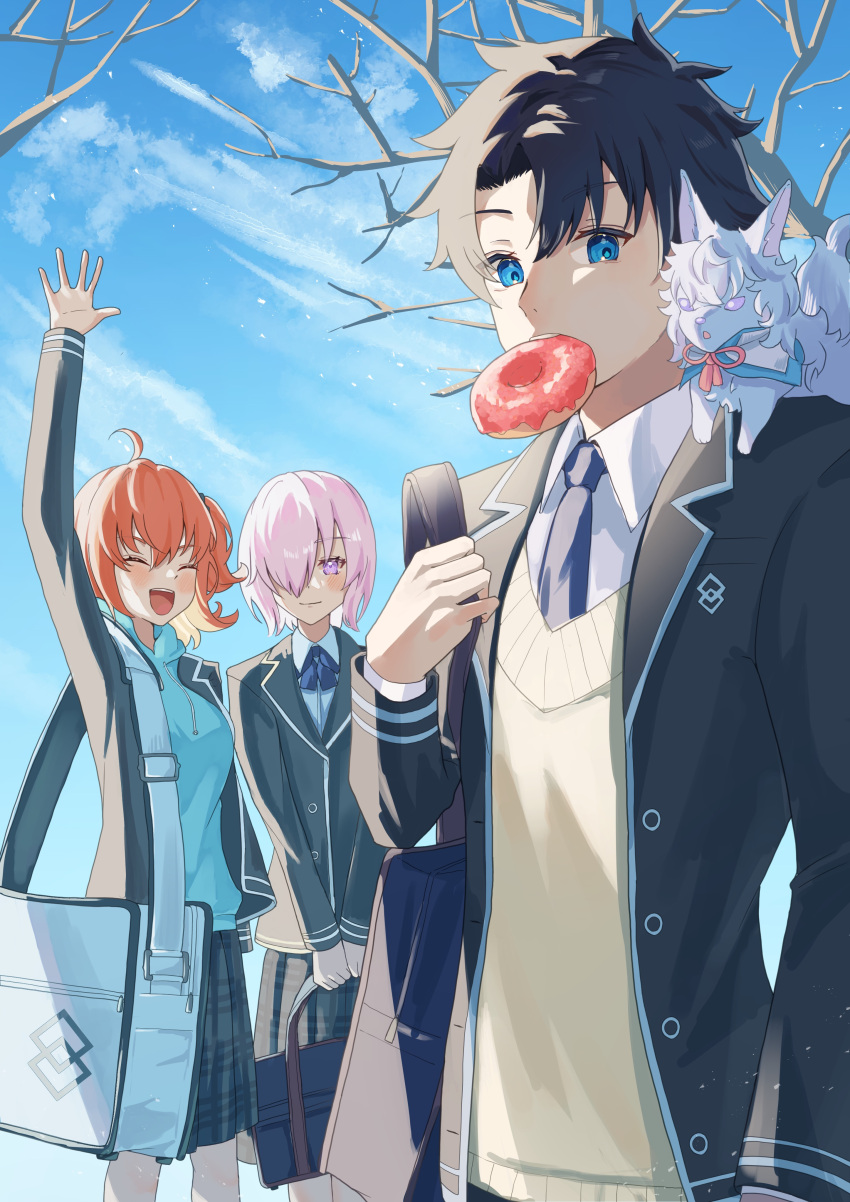 1boy 2girls absurdres ahoge alternate_costume arm_up bag bangs black_bag black_hair blue_bow blue_bowtie blue_eyes blue_hoodie blue_necktie blue_sky bow bowtie cardigan closed_eyes closed_mouth clouds collared_shirt commentary_request creature creature_on_shoulder day doughnut fate/grand_order fate_(series) food fou_(fate) fujimaru_ritsuka_(female) fujimaru_ritsuka_(male) grey_jacket hair_between_eyes hair_over_one_eye highres holding holding_bag hood hood_down hoodie jacket long_sleeves looking_at_viewer mash_kyrielight miniskirt mouth_hold multiple_girls necktie noneko127 on_shoulder one_eye_covered open_clothes open_jacket open_mouth orange_hair outdoors pink_hair plaid plaid_skirt school_bag school_uniform shirt short_hair side_ponytail skirt sky teeth tree uniform upper_teeth violet_eyes white_bag