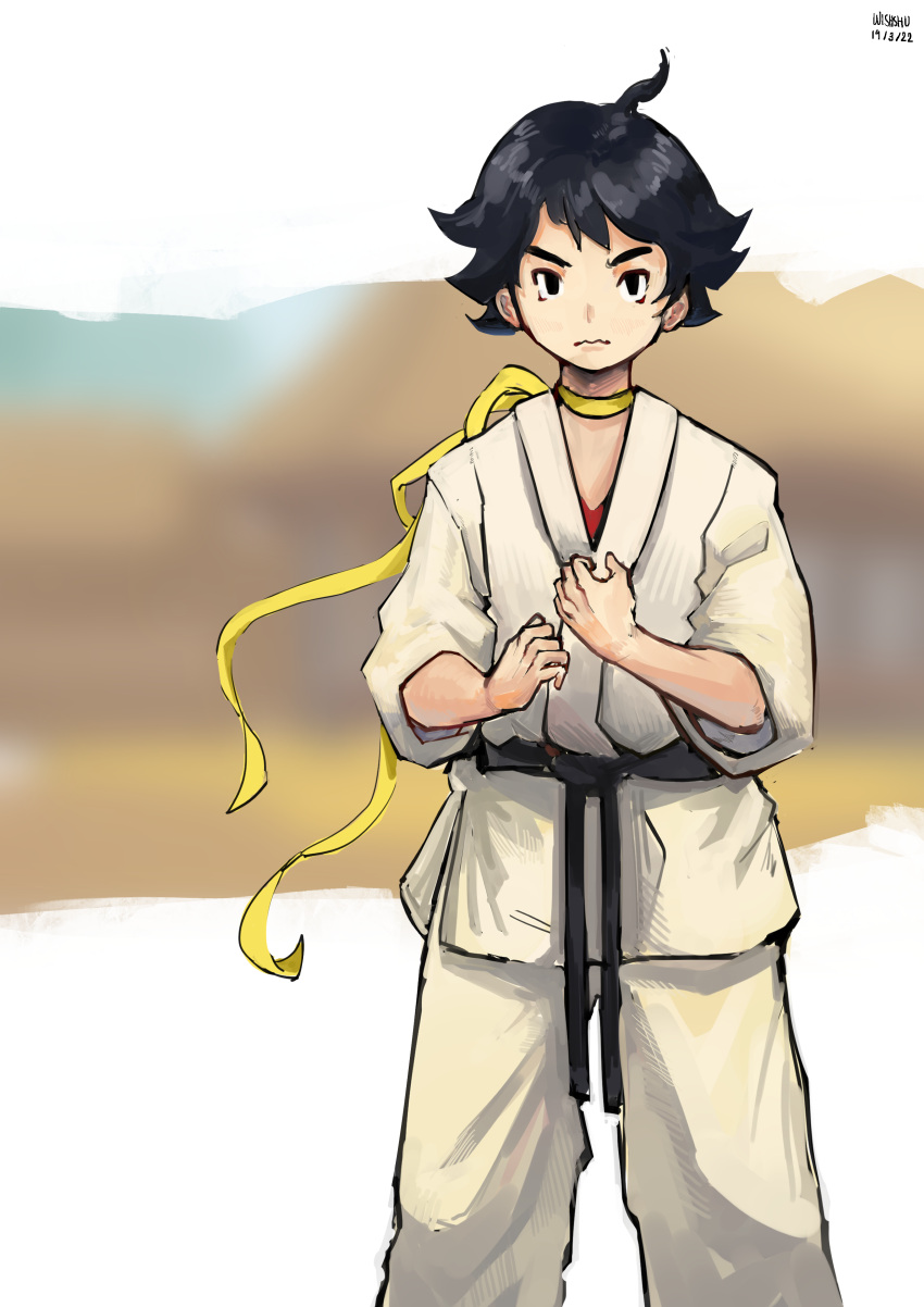 1girl absurdres black_eyes black_hair choker closed_mouth dated dougi highres karate_gi makoto_(street_fighter) martial_arts_belt ribbon ribbon_choker shaw9987 simple_background solo standing street_fighter yellow_choker yellow_ribbon