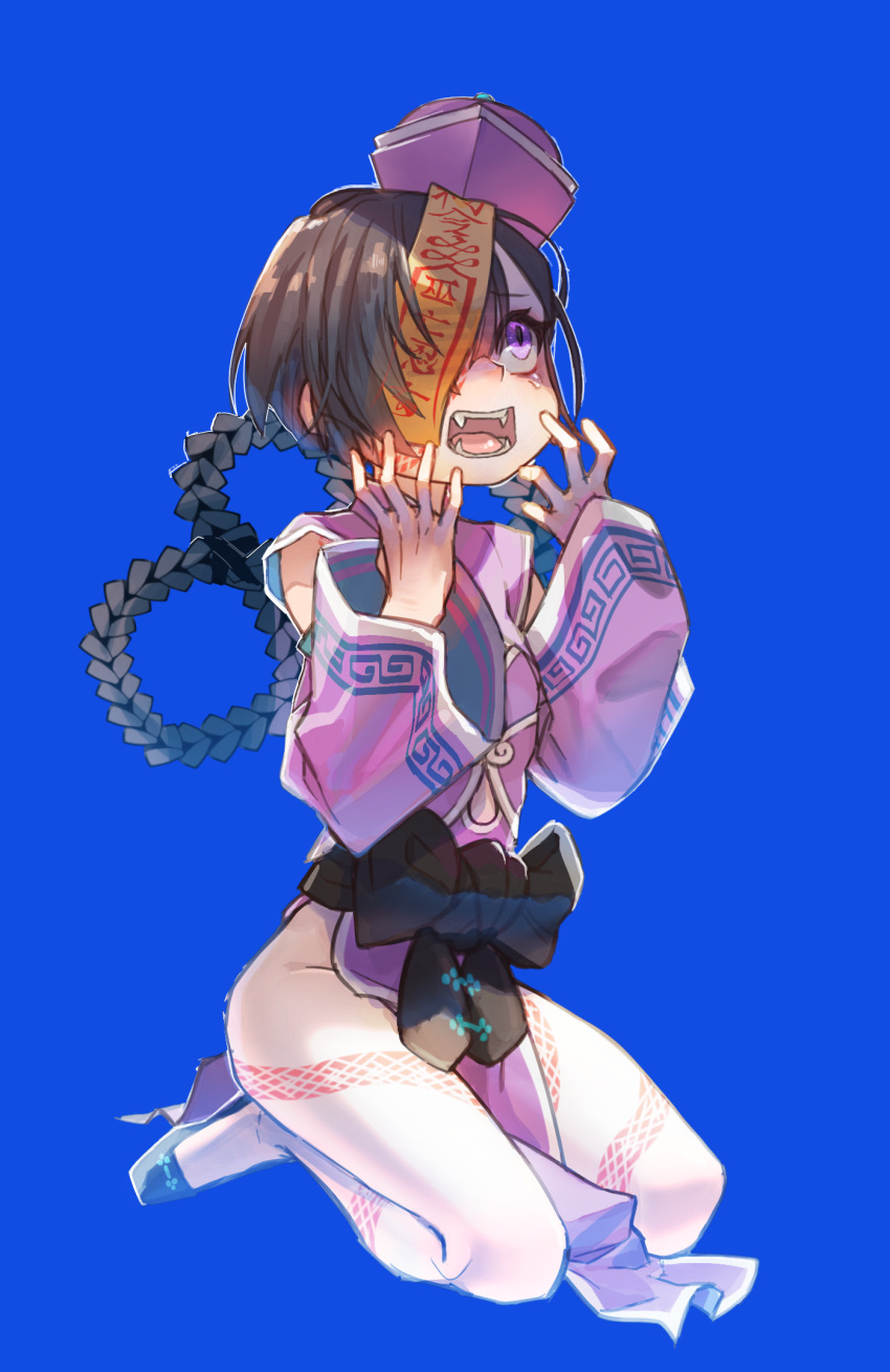 1girl bare_legs black_hair blue_background bow braid eyepatch fangs fate/grand_order fate_(series) full_body hair_rings hat highres isagiyo kneeling leg_tattoo long_hair looking_up mochizuki_chiyome_(fate) official_alternate_costume ofuda open_mouth scared simple_background snake_tattoo solo tattoo teeth violet_eyes wide_sleeves