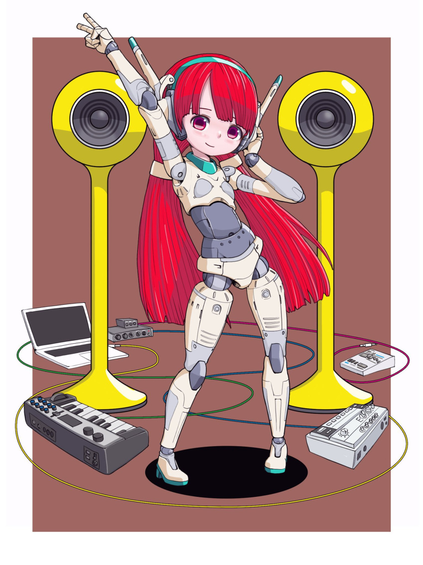 1girl android computer headgear highres instrument joints keyboard_(instrument) laptop long_hair original red_eyes redhead robot robot_joints simple_background solo speaker sukabu v