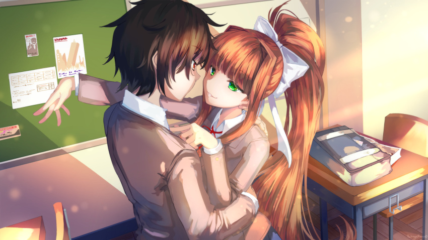 1boy 1girl bag bangs black_hair blunt_bangs brown_hair chalkboard classroom commission day desk doki_doki_literature_club eye_contact green_eyes grey_jacket hair_ribbon hetero highres hug indoors jacket long_hair long_sleeves looking_at_another monika_(doki_doki_literature_club) parted_lips ponytail protagonist_(doki_doki_literature_club) red_eyes ribbon school_bag school_desk school_uniform smile takuyarawr very_long_hair white_ribbon wing_collar