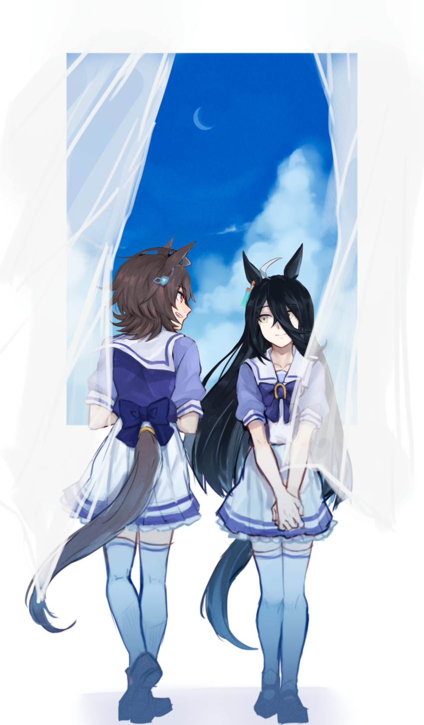 2girls agnes_tachyon_(umamusume) ahoge animal_ears black_hair brown_footwear brown_hair closed_mouth clouds crescent_moon curtains full_body hair_between_eyes heel_up highres horse_ears horse_girl horse_tail kiri_(0218htt) long_hair looking_at_another manhattan_cafe_(umamusume) medium_hair moon multiple_girls own_hands_together purple_shirt sailor_collar school_uniform shirt shoes sideways_mouth skirt smile standing tail thigh-highs tracen_school_uniform umamusume white_skirt white_thighhighs