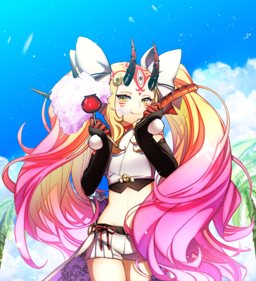 1girl big_hair black_gloves blonde_hair blue_sky bow candy_apple clouds cotton_candy crop_top day elbow_gloves facial_mark fang fate/grand_order fate_(series) fingerless_gloves food forehead_mark gloves gradient_hair hair_bow highres horns hot_dog ibaraki_douji_(fate) ibaraki_douji_(swimsuit_lancer)_(fate) ibaraki_douji_(swimsuit_lancer)_(third_ascension)_(fate) isagiyo long_hair looking_at_viewer multicolored_hair navel oni oni_horns outdoors palm_tree pink_hair pom_pom_(clothes) short_shorts shorts sky smile solo tree two-tone_hair very_long_hair yellow_eyes