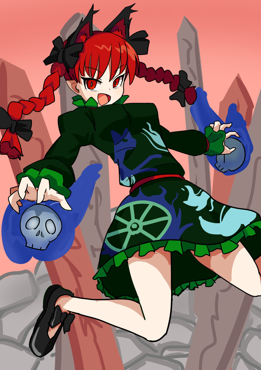 1girl :d absurdres animal_ear_fluff animal_ears black_bow bow braid cat cat_ears dress extra_ears footwear_bow ghost green_dress highres hitodama holding holding_skull jumping kaenbyou_rin mary_janes misomaru multiple_tails nekomata pointy_ears puffy_sleeves shoes sketch skull slit_pupils smile tail touhou twin_braids two_tails wheel wily_beast_and_weakest_creature