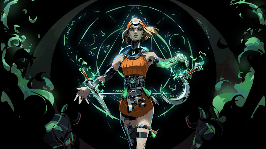 1girl absurdres armor bangs bare_shoulders black_sclera blonde_hair blunt_bangs bone colored_sclera crescent crescent_hair_ornament dagger dark_background english_commentary greek_clothes green_eyes green_lips hades_(series) hades_2 hair_ornament heterochromia highres jen_zee jewelry knife laurel_crown leg_armor looking_at_viewer magic_circle melinoe_(hades) official_art red_eyes short_hair sickle simple_background skeletal_arm skeleton solo telekinesis third-party_source translucent translucent_skin weapon
