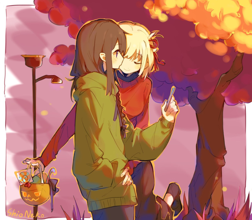 2girls autumn bangs black_footwear black_hair black_pants blonde_hair bob_cut candy cellphone closed_eyes closed_mouth evening food green_hoodie hair_ribbon highres holding holding_phone hood hood_down hoodie inoue_takina jack-o'-lantern lamppost long_hair long_sleeves lycoris_recoil multiple_girls nishikigi_chisato outdoors pants phone red_ribbon red_sweater ribbon shioneko114 shoes short_hair smartphone smile sweater tree violet_eyes