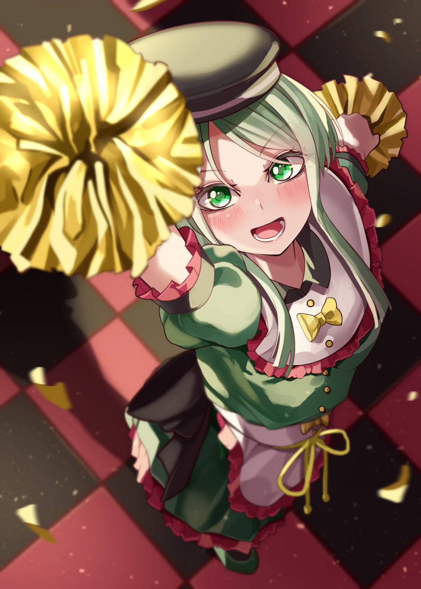 1girl absurdres apron arm_up black_headwear checkered_floor confetti dress from_above full_body green_dress green_eyes green_hair hat highres holding holding_pom_poms looking_at_viewer maboroshi_mochi open_mouth pom_pom_(cheerleading) pom_pom_(clothes) short_hair short_hair_with_long_locks short_sleeves solo standing tate_eboshi teireida_mai touhou waist_apron white_apron