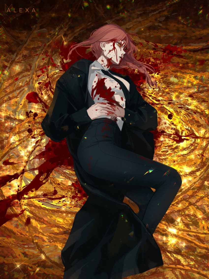 1girl artist_name bangs black_coat black_necktie blood blood_on_clothes blood_on_face chain chainsaw_man coat collared_shirt formal glint highres m_alexa makima_(chainsaw_man) medium_hair necktie puddle_of_blood redhead ringed_eyes shirt shirt_tucked_in sidelocks solo suit white_shirt yellow_eyes