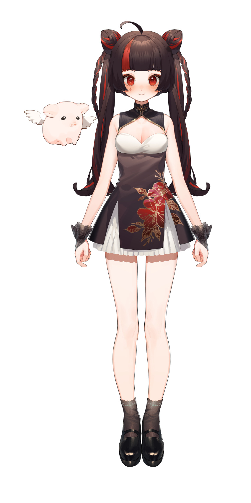 1girl :3 absurdres ankle_socks bare_arms bare_legs bare_shoulders black_dress black_footwear black_hair black_socks blush braid breasts chinese_clothes cleavage_cutout clothing_cutout double_bun dress facial_tattoo floral_print flying_pig full_body hair_bun highres kero_(vtuber) long_hair mary_janes multicolored_hair nijisanji official_art pelvic_curtain pig red_eyes redhead scrunchie shoes sleeveless socks solo standing streaked_hair tattoo transparent_background twin_braids twintails virtual_youtuber virtuareal wrist_scrunchie