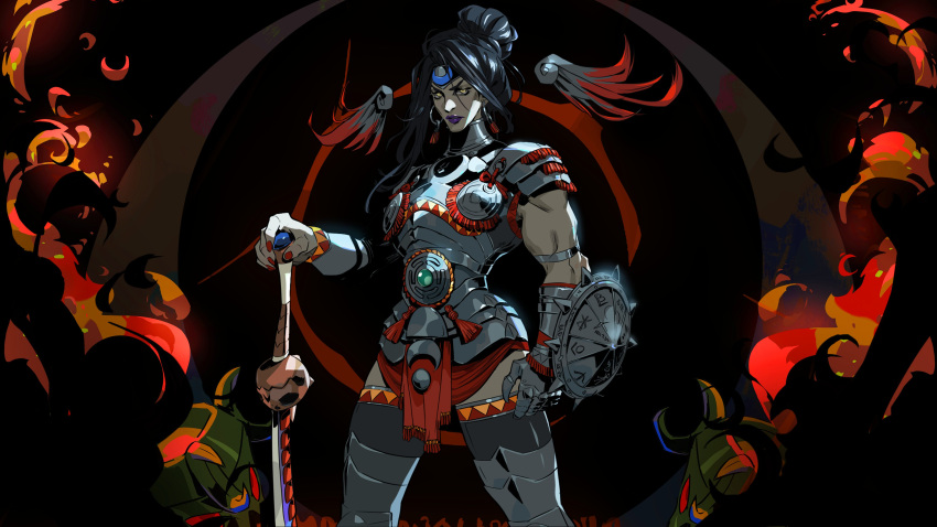 1girl absurdres arm_shield armor biceps black_hair cowboy_shot cuisses dark_background earrings english_commentary forehead_protector gauntlets hades_(series) hades_2 hair_bun highres hoop_earrings jen_zee jewelry leg_armor looking_at_viewer muscular muscular_female nemesis_(hades) official_art planted planted_sword purple_lips red_nails shoulder_armor solo sword third-party_source weapon yellow_eyes