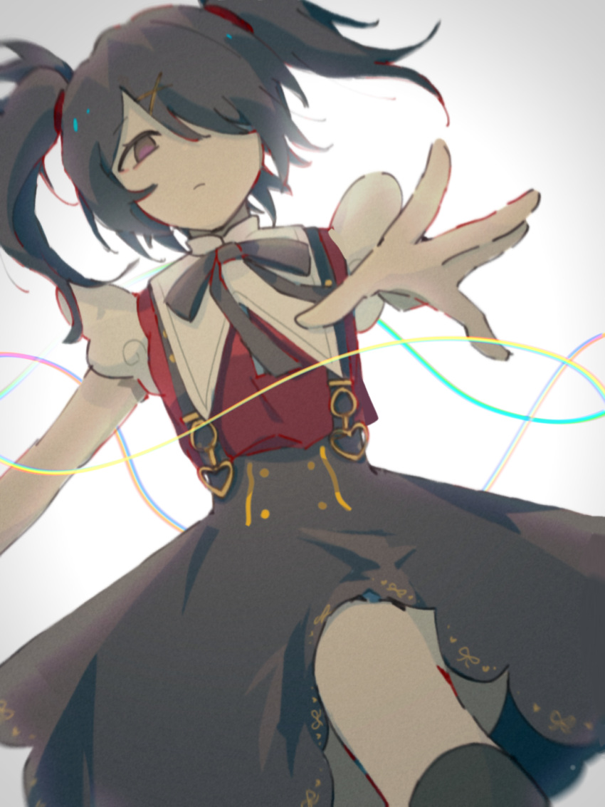 1girl ame-chan_(needy_girl_overdose) black_hair black_ribbon black_skirt closed_mouth collar collared_shirt expressionless hair_ornament hair_over_one_eye highres lingshidebingmingweileiananleileika medium_hair neck_ribbon needy_girl_overdose reaching_towards_viewer red_shirt ribbon shirt shirt_tucked_in simple_background skirt solo suspender_skirt suspenders thread twintails violet_eyes white_background white_collar x_hair_ornament