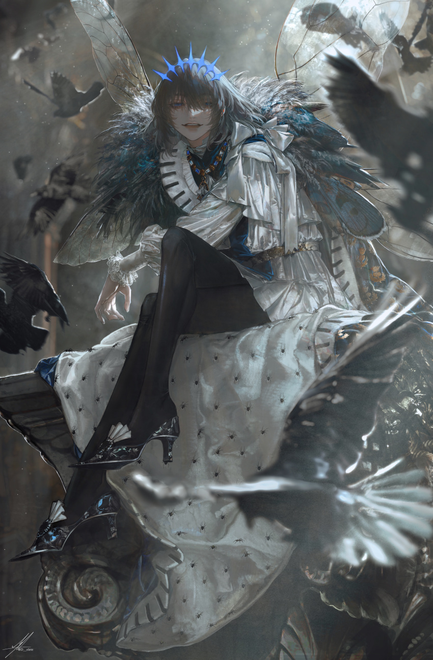 1boy absurdres arthropod_boy au_(d_elite) bangs bird black_pantyhose blue_eyes blue_gemstone bug cloak collar commentary crossdressing crossed_legs crown diamond_hairband english_commentary fate/grand_order fate_(series) frilled_collar frills full_body fur-trimmed_cloak fur_trim gem grey_hair hair_between_eyes high_heels highres insect_wings jewelry long_sleeves looking_at_viewer male_focus medium_hair moth necklace oberon_(fate) open_mouth pantyhose pleated_skirt puffy_sleeves ribbon shirt signature sitting skirt smile solo spider teeth white_gemstone white_ribbon white_shirt white_skirt wings