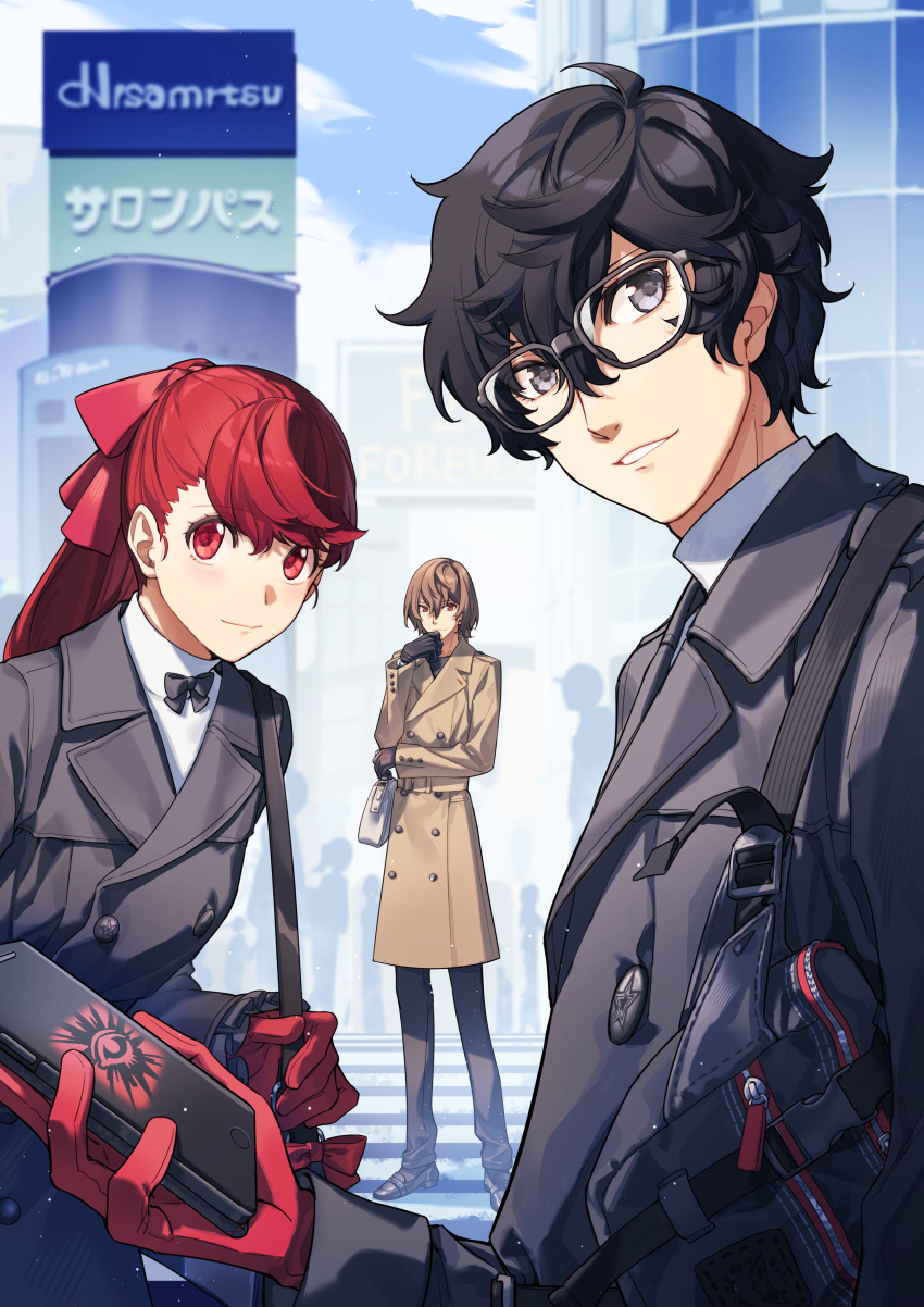 1girl 2boys absurdres akechi_gorou amamiya_ren bag bangs black-framed_eyewear black_bag black_eyes black_jacket black_pants blazer brown_eyes brown_hair brown_jacket buttons cellphone closed_mouth glasses gloves grin hair_between_eyes hair_ribbon handbag highres holding holding_phone jacket long_hair long_sleeves looking_at_viewer medium_hair multiple_boys pants persona persona_5 persona_5_the_royal phone ponytail red_eyes red_gloves red_ribbon redhead ribbon school_bag school_uniform shirt short_hair shuujin_academy_uniform smile swept_bangs tsubsa_syaoin turtleneck uniform white_bag white_shirt yoshizawa_kasumi