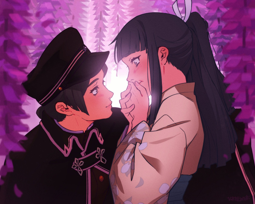 2girls ace_attorney black_hair black_headwear blush commentary english_commentary eye_contact flower from_side highres japanese_clothes kimono long_hair long_sleeves looking_at_another multiple_girls obi ponytail rei_membami sash sidelocks susato_mikotoba the_great_ace_attorney upper_body vampaniki wisteria yuri