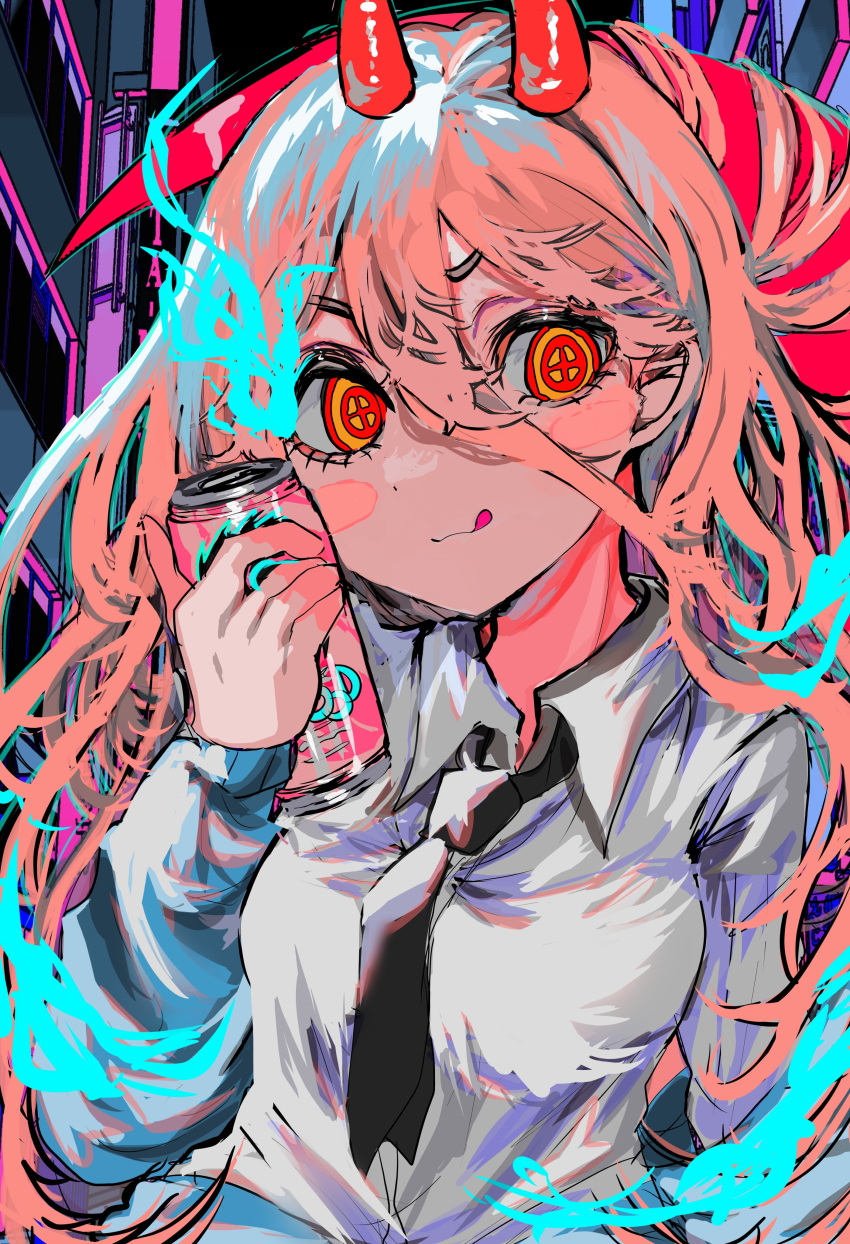 1girl absurdres black_necktie can chainsaw_man collared_shirt cross-shaped_pupils highres horns long_hair looking_at_viewer messy_hair momae_makku necktie pink_hair power_(chainsaw_man) red_horns scythe shirt soda soda_can solo symbol-shaped_pupils upper_body white_shirt yellow_eyes