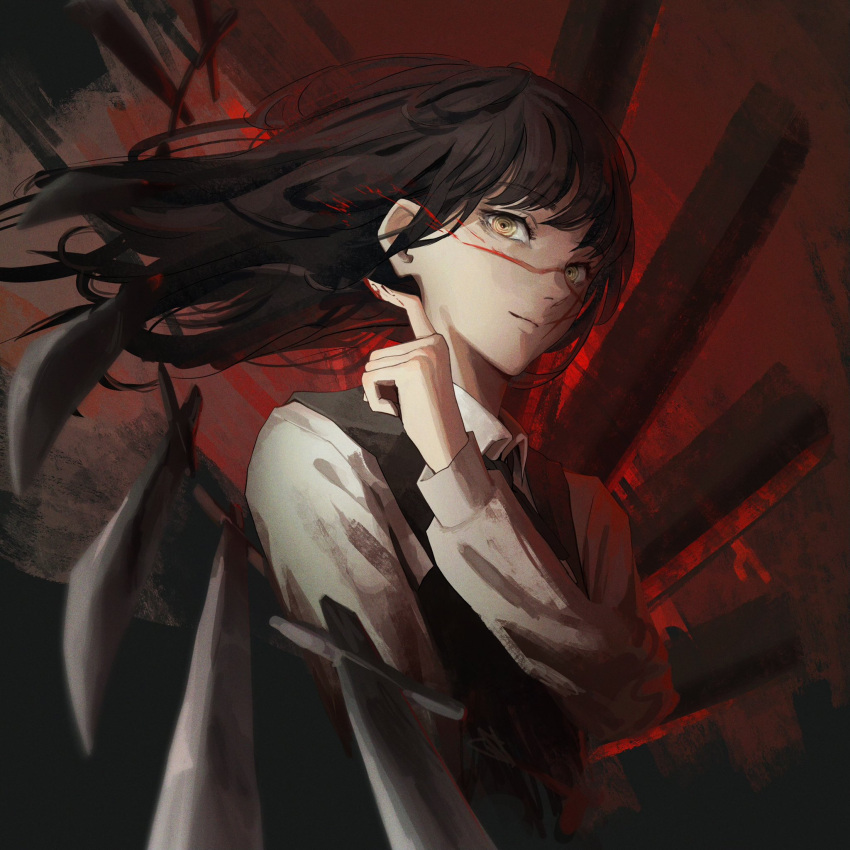 1girl ao_desu2222 bangs blood blood_on_hands blood_splatter chainsaw_man collared_shirt dark_background dress floating floating_hair floating_object floating_weapon fourth_east_high_school_uniform highres knife long_hair looking_at_another pinafore_dress ringed_eyes scar scar_on_face school_uniform shirt solo weapon white_shirt yellow_eyes yoru_(chainsaw_man)