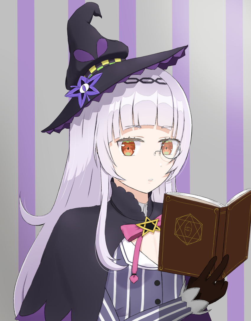 1girl absurdres alternate_eye_color bangs black_capelet black_gloves black_headwear book capelet collar collared_shirt gloves grey_hair grey_shirt hat hat_ornament hexagon hexagram highres holding holding_book hololive long_hair long_sleeves looking_at_object magician monocle murasaki_shion open_book pentagram pink_ribbon pinstripe_pattern pinstripe_shirt purple_background purple_capelet reading red_eyes ribbon round_eyewear shiny shiny_hair shirt solo star_(symbol) star_hat_ornament striped striped_background striped_shirt two-tone_background two-tone_capelet upper_body vertical-striped_shirt vertical_stripes virtual_youtuber white_collar white_hair witch witch_hat yuuna_tsukuyo