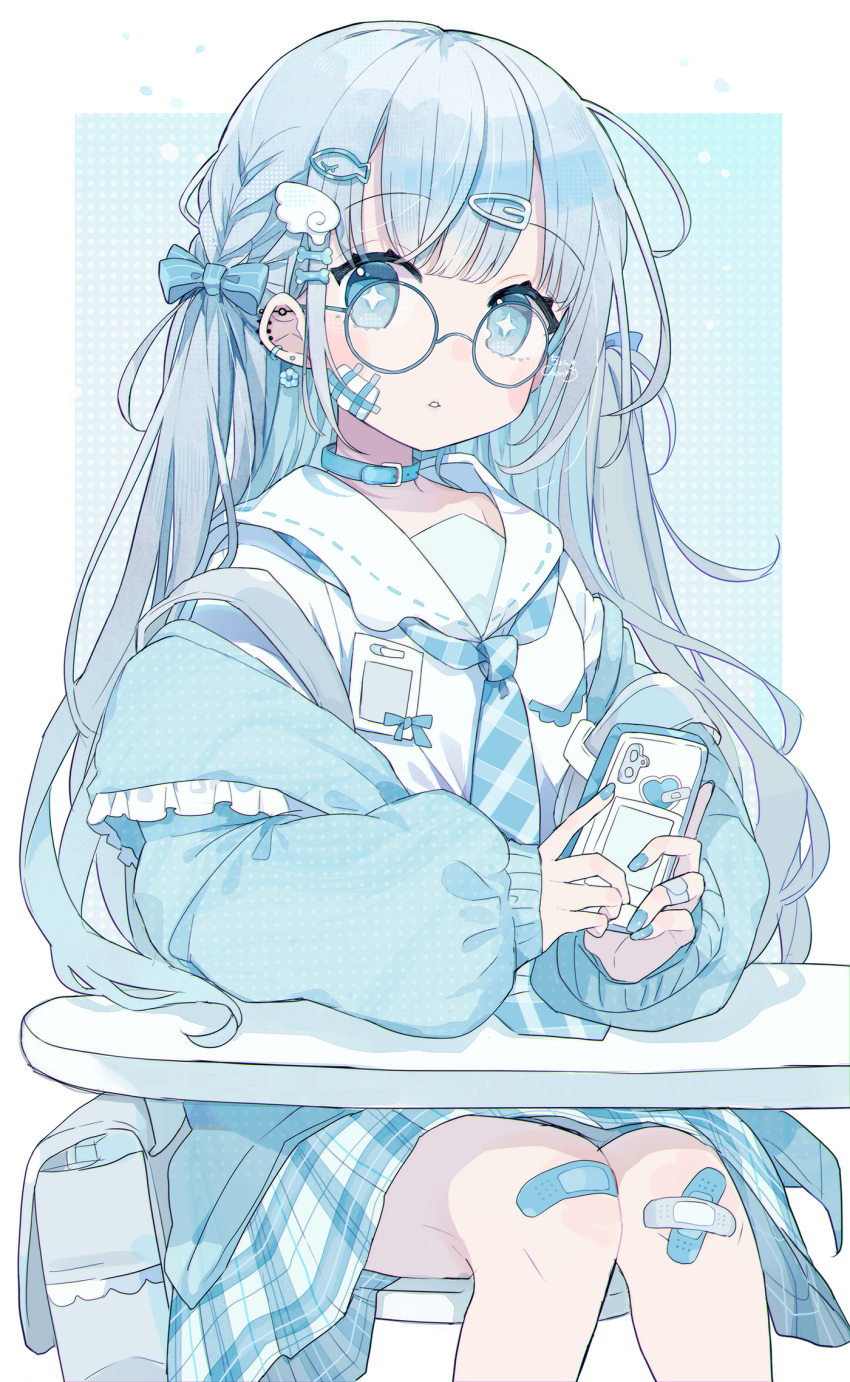 1girl :o bandaid bandaid_on_face bandaid_on_hand bandaid_on_knee bandaid_on_leg bangs blue-framed_eyewear blue_bag blue_bow blue_choker blue_eyes blue_flower blue_hair blue_jacket blue_nails blue_necktie blue_skirt blue_theme bone_hair_ornament bow braid cellphone choker chon_(chon33v) collar crossed_bandaids dotted_line ear_piercing earrings fish_hair_ornament flower glasses hair_bow hair_ornament hair_ribbon hairclip heart highres holding holding_phone jacket jacket_partially_removed jewelry light_blue_background light_blue_hair light_blue_ribbon light_blush long_hair long_sleeves looking_at_viewer looking_over_eyewear nail_polish necktie off_shoulder original parted_lips phone piercing plaid plaid_necktie plaid_skirt ribbon round_eyewear sailor_collar shirt signature simple_background sitting skirt smartphone solo symbol-shaped_pupils table twintails two-tone_background white_background white_sailor_collar white_shirt wing_hair_ornament