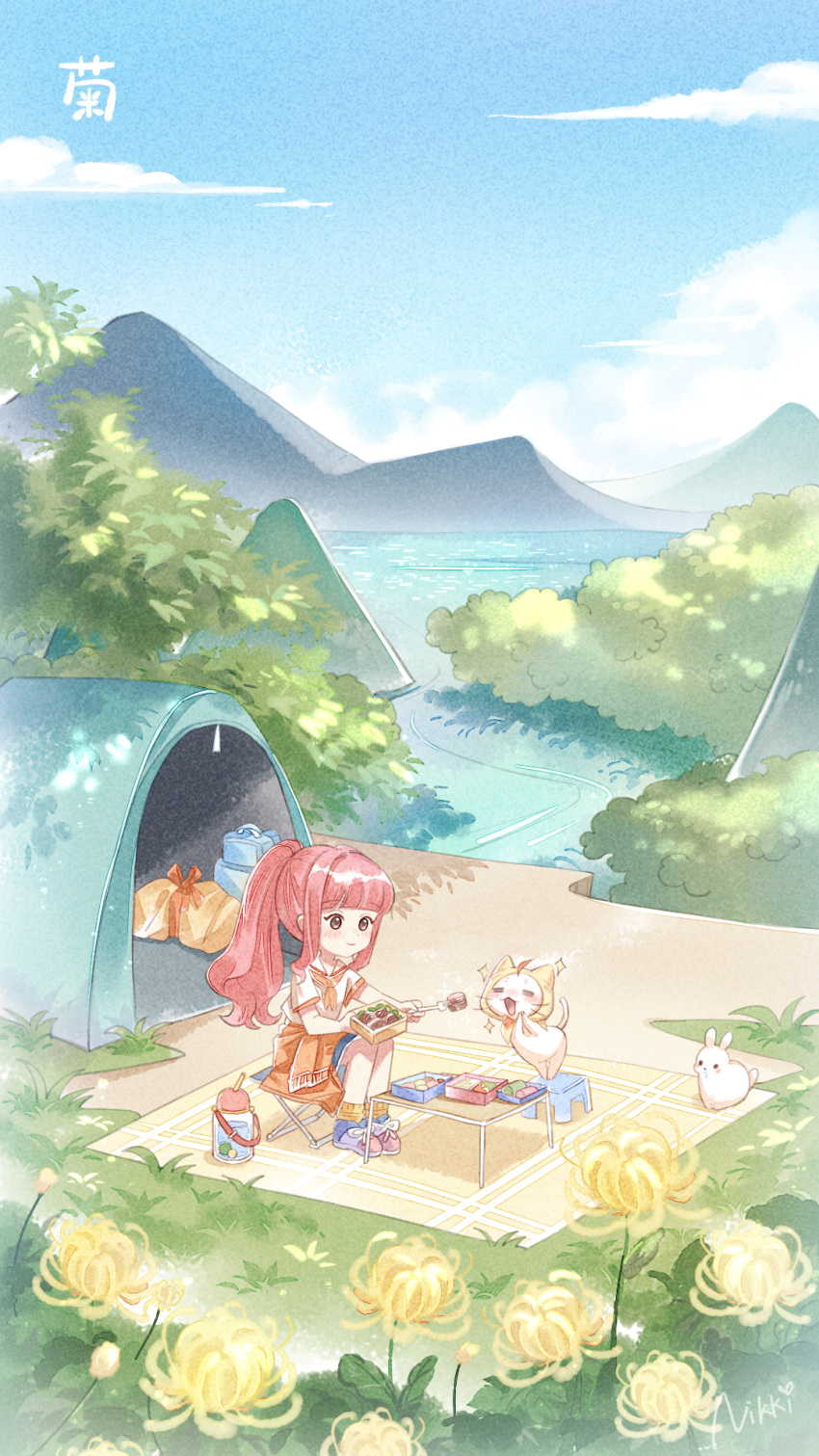 1boy 1girl artist_request bangs blue_footwear blush brown_eyes camping cat chair chinese_commentary clear_sky clouds commentary_request eating feeding highres jacket lake long_hair momo_(miracle_nikki) mountainous_horizon necktie nikki_(miracle_nikki) official_art orange_jacket orange_necktie pink_hair rabbit river shining_nikki shirt sitting sky table tree white_shirt yellow_cloak