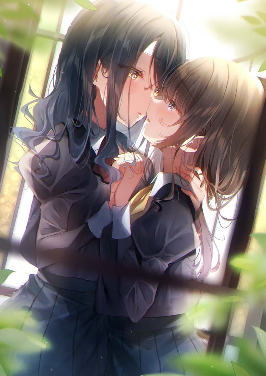 2girls absurdres black_hair blue_eyes blush brown_hair eye_contact face-to-face hand_on_another's_neck height_difference highres holding holding_hands imminent_kiss interlocked_fingers looking_at_another multiple_girls original touki_matsuri uniform yellow_eyes yuri