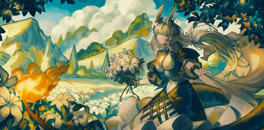 1girl absurdres ahoge arknights bouquet breasts clouds dragon_horns dragon_tail dress field flame-tipped_tail flower flower_field gloves hair_flower hair_ornament highres horns infection_monitor_(arknights) long_dress long_hair mountain realpha reed_(arknights) single_glove smile tail