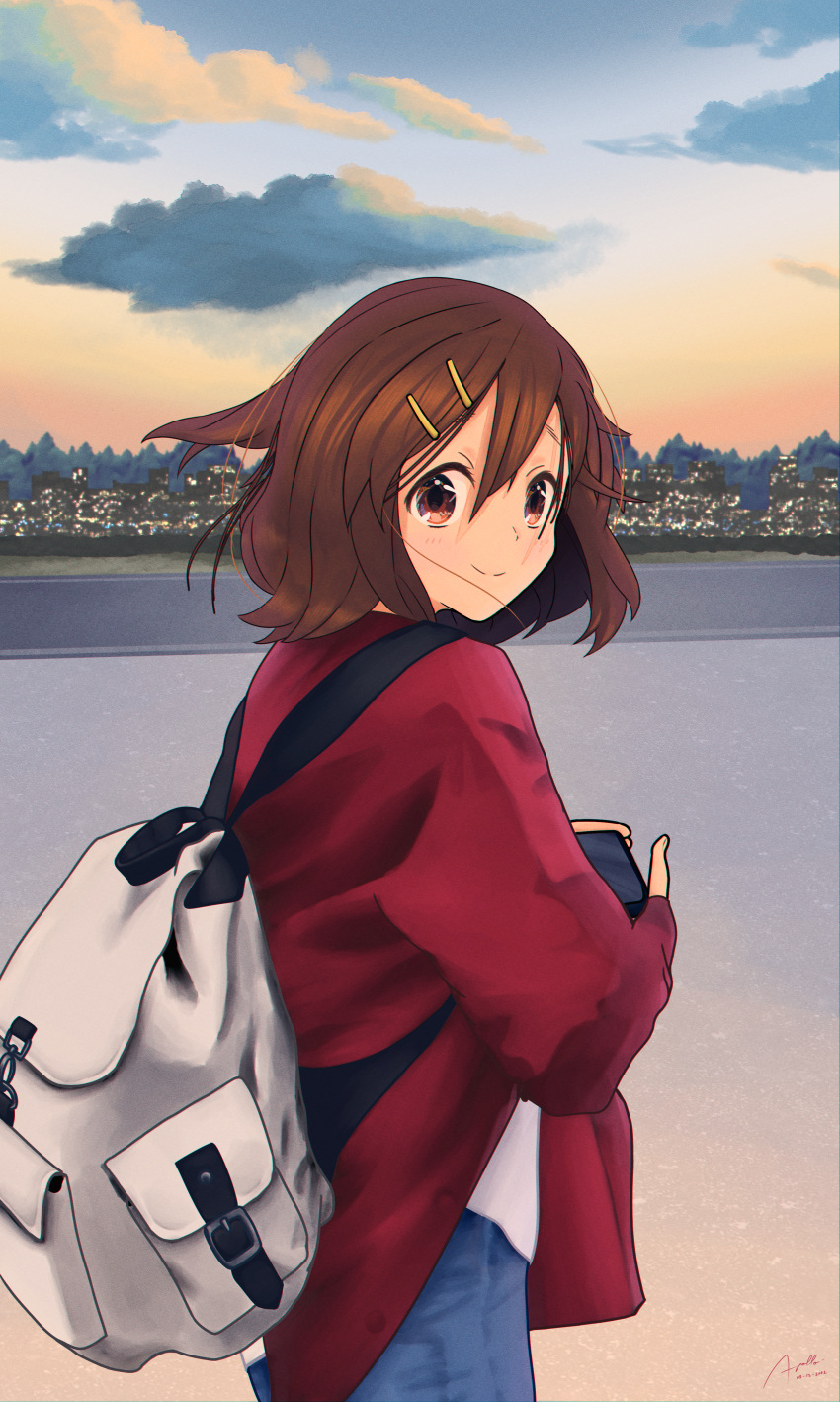 1girl absurdres apollo440 backpack bag brown_hair cellphone city commentary cowboy_shot evening film_grain floating_hair hair_between_eyes hair_ornament hairclip highres hirasawa_yui jacket k-on! looking_at_viewer outdoors phone red_jacket short_hair sky smartphone smile solo standing water