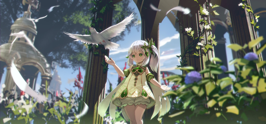 1girl absurdres arch bird bloomers bright_pupils closed_mouth clouds column commentary day dress feathers feet_out_of_frame flower flower-shaped_pupils gem genshin_impact green_eyes green_gemstone hair_ornament hand_up highres leaf long_hair looking_at_animal nahida_(genshin_impact) outdoors pillar purple_flower red_flower ryosios side_ponytail sky smile solo symbol-shaped_pupils tree underwear white_bird white_bloomers white_dress white_hair white_pupils
