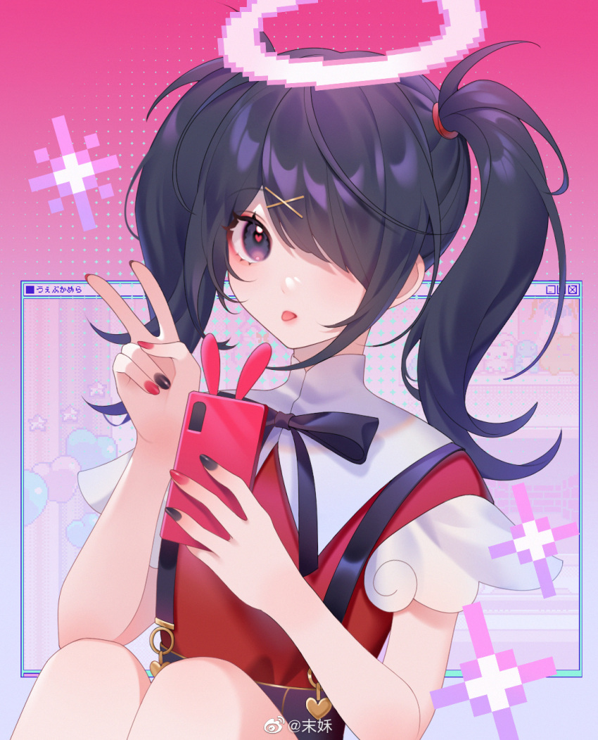 1girl ame-chan_(needy_girl_overdose) black_hair black_nails black_ribbon closed_mouth collar collared_shirt hair_ornament hair_over_one_eye hair_tie hairclip halo heart heart-shaped_pupils highres holding holding_phone jirai_kei knees_up looking_at_viewer mohe_(weibo_5045636563) multicolored_nails neck_ribbon needy_girl_overdose phone red_nails red_shirt ribbon shirt shirt_tucked_in sitting solo sparkle symbol-shaped_pupils tongue tongue_out twintails upper_body v violet_eyes white_collar x_hair_ornament