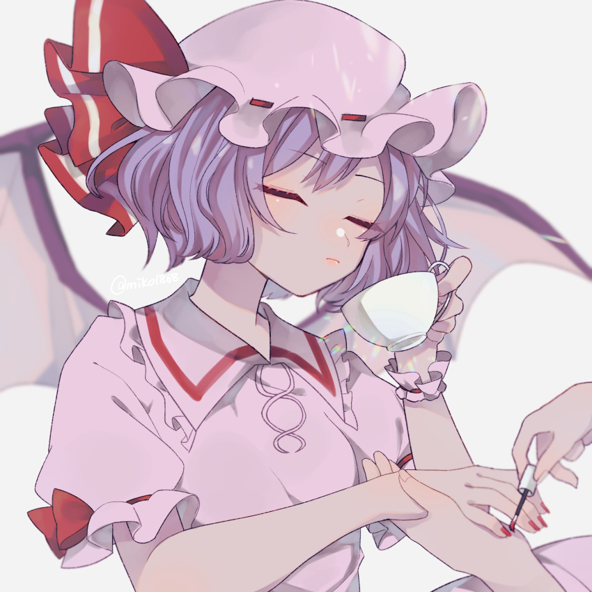 1girl ascot bat_wings closed_eyes collared_shirt cup frilled_shirt_collar frilled_sleeves frills hat hat_ribbon highres holding holding_cup light_purple_hair mikoshiba_m mob_cap nail_polish nail_polish_brush puffy_short_sleeves puffy_sleeves red_ascot red_nails red_ribbon remilia_scarlet ribbon shirt short_hair short_sleeves simple_background teacup touhou upper_body white_background white_headwear white_shirt wings wrist_cuffs