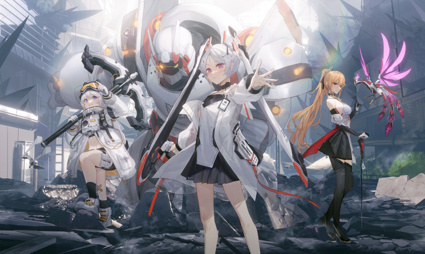 3girls aether_gazer black_gloves black_skirt black_thighhighs blonde_hair blue_eyes breasts elbow_gloves gloves goggles goggles_on_head hair_ornament hera_(aether_gazer) highres holding holding_weapon jacket kuroduki_(pieat) leviathan_(aether_gazer) long_hair long_sleeves looking_at_viewer mecha medium_breasts multiple_girls ookuninushi_(aether_gazer) pleated_skirt ponytail red_eyes robot rubble shoes shorts skirt small_breasts smile socks standing thigh-highs thigh_strap violet_eyes weapon white_gloves white_hair