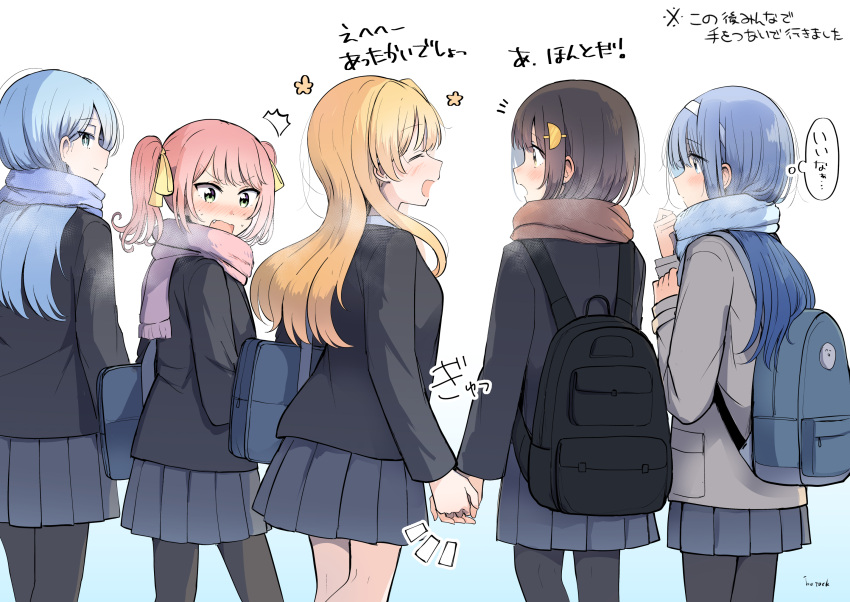 5girls :d ^_^ artist_name backpack bag betock black_bag black_pantyhose blonde_hair blue_bag blue_eyes blue_hair blue_scarf blush breath brown_eyes brown_hair brown_scarf closed_eyes commentary_request emphasis_lines fang from_behind green_eyes hair_ornament hair_ribbon hairband highres holding_hands interlocked_fingers long_hair multiple_girls open_mouth original pantyhose pink_hair pink_scarf ribbon scarf short_hair skirt smile thought_bubble translation_request twintails winter