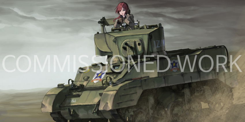 1girl braid browning_m1919 clouds cloudy_sky commission dust dust_cloud emblem girls_und_panzer gloves highres m5_stuart open_mouth original saunders_(emblem) serious sky solo useless
