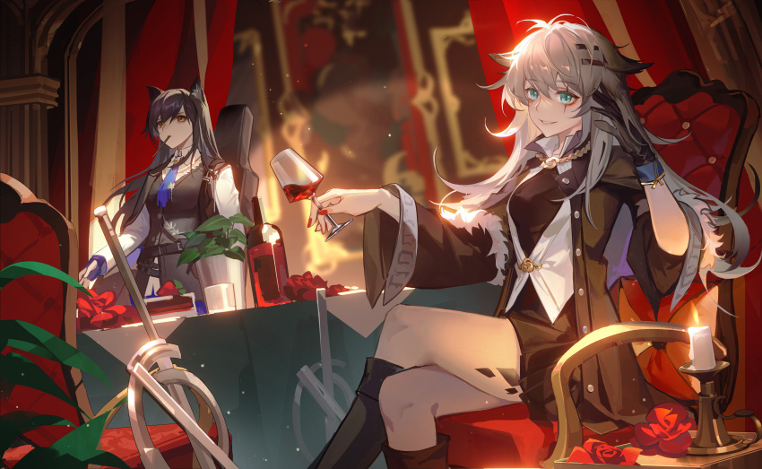 2girls absurdres animal_ears antenna_hair arknights black_coat black_footwear black_gloves black_hair black_shirt black_skirt black_vest blue_eyes blue_necktie boots bottle breasts candle chair coat crossed_legs cup drinking_glass fingerless_gloves flower food food_in_mouth gloves grey_hair highres holding holding_cup indoors lappland_(arknights) lappland_(refined_horrormare)_(arknights) light listencareful looking_at_viewer mouth_hold multiple_girls necktie official_alternate_costume open_clothes open_coat orange_eyes oripathy_lesion_(arknights) pocky red_flower red_nails scar scar_across_eye shirt single_glove sitting skirt small_breasts standing texas_(arknights) texas_the_omertosa_(arknights) vest white_shirt white_vest wine_bottle wine_glass wolf_ears wolf_girl