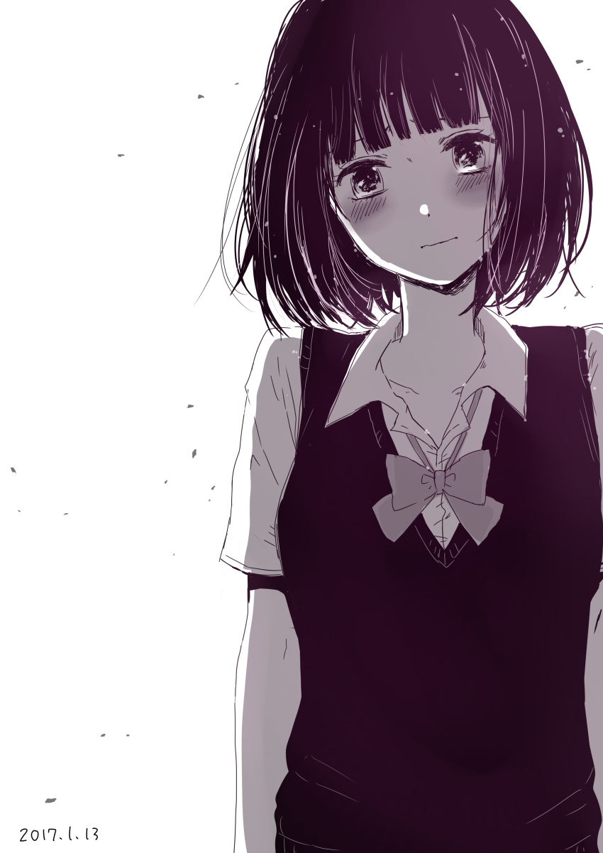 1girl 2017 absurdres bangs blush bow bowtie closed_mouth collarbone collared_shirt dated highres kuzu_no_honkai kyota07 looking_at_viewer monochrome negative_space open_collar school_uniform shirt short_hair short_sleeves simple_background skirt solo upper_body vest wavy_mouth white_background yasuraoka_hanabi