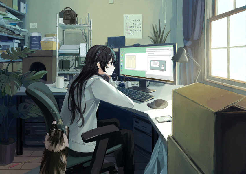1girl azuazu_0405 brown_eyes calendar_(object) cat cellphone chair computer desk_lamp headphones headphones_around_neck highres indoors keyboard_(computer) lamp long_hair long_sleeves monitor mousepad_(object) office_chair original phone plant potted_plant smartphone solo sweater white_sweater window