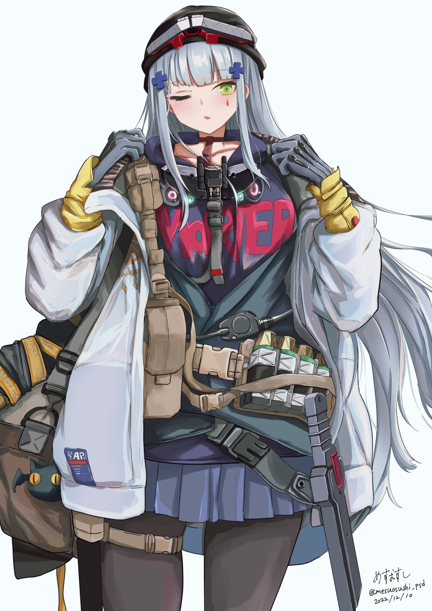 1girl absurdres ammunition_pouch artist_name bag dated girls'_frontline_neural_cloud girls_frontline green_eyes grey_hair hand_up highres hk416_(girls'_frontline) hood hoodie jacket knife knife_holster load_bearing_equipment long_hair mesuosushi_psd miniskirt pantyhose pleated_skirt pouch shoulder_bag skirt teardrop teardrop_facial_mark teardrop_tattoo white_jacket