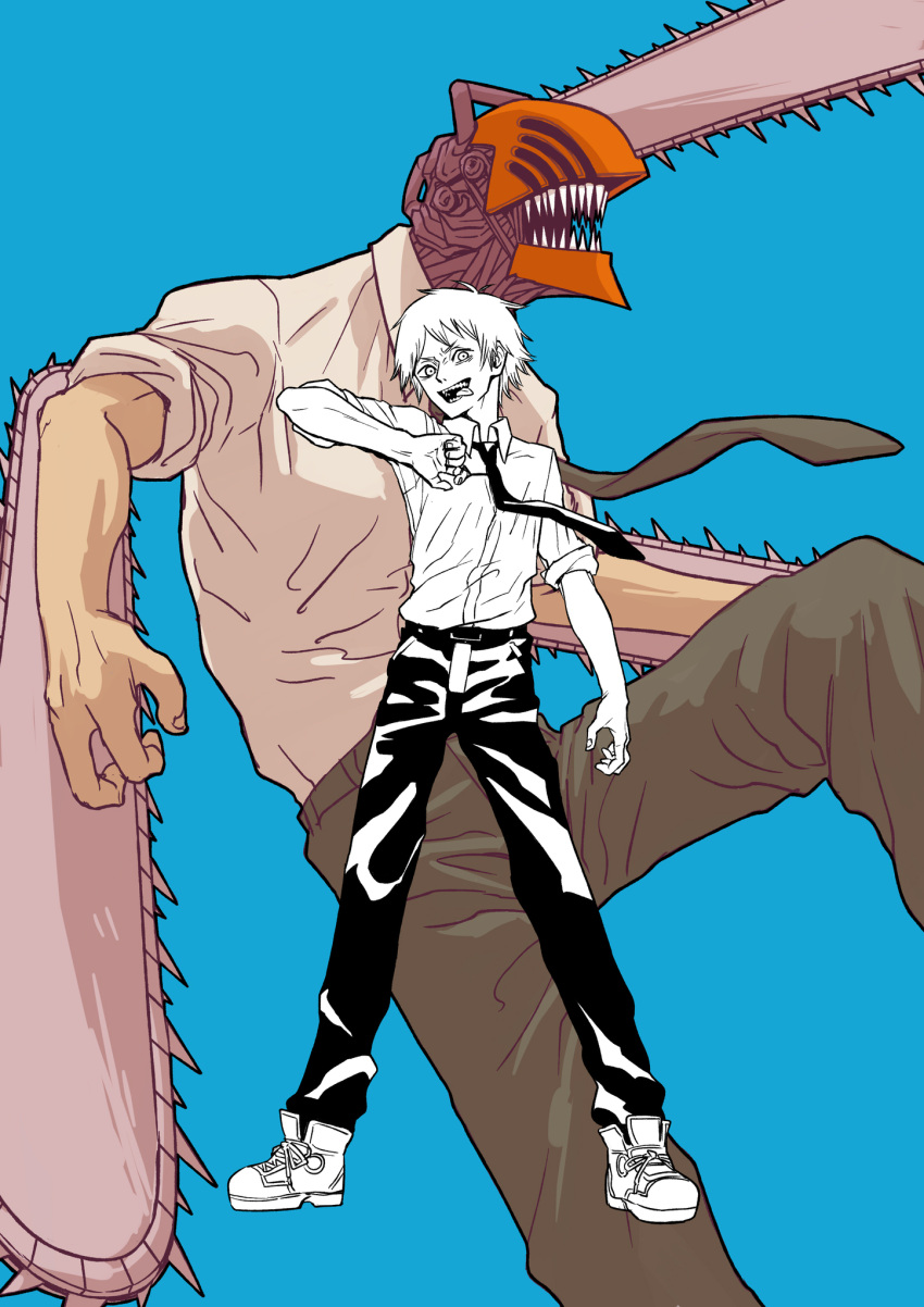 1boy black_necktie black_pants blue_background chainsaw chainsaw_man collared_shirt denji_(chainsaw_man) facing_to_the_side floating_necktie greyscale_with_colored_background highres hybrid looking_at_viewer necktie open_mouth pants sharp_teeth shirt shirt_tucked_in simple_background solo_focus teeth white_shirt ym_yoshiya