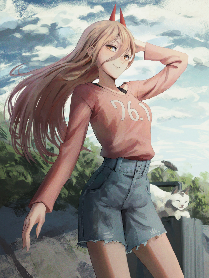 1girl absurdres ao_desu2222 arm_up bangs blonde_hair blue_sky bra bush cat chainsaw_man closed_eyes clouds floating_hair hair_between_eyes highres long_hair looking_at_viewer meowy_(chainsaw_man) pants pink_sweater power_(chainsaw_man) shirt_tucked_in sky smile solo_focus sweater torn_clothes torn_pants trash_can underwear white_cat yellow_eyes