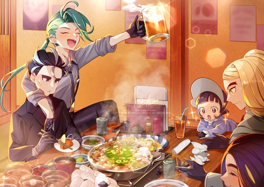 2boys 3girls :d :o :t alcohol beer black_jacket black_necktie black_pants blonde_hair blush_stickers bowl chopsticks closed_eyes closed_mouth collared_shirt commentary_request cup drinking_straw eyelashes food geeta_(pokemon) glass gloves green_hair hassel_(pokemon) highres holding holding_chopsticks indoors jacket larry_(pokemon) long_hair mitsunari_miyako multiple_boys multiple_girls necktie onigiri open_mouth pants pokemon pokemon_(game) pokemon_sv ponytail poppy_(pokemon) rika_(pokemon) shirt signature smile sparkle steam watermark