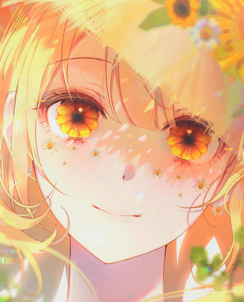 1girl 58_(opal_00_58) bangs blonde_hair blunt_bangs close-up closed_mouth english_commentary eye_focus eyelashes flower gradient_eyes hat highres light_blush light_rays multicolored_eyes orange_eyes original portrait red_eyes shadow short_hair smile solo sun_hat sunflower yellow_eyes