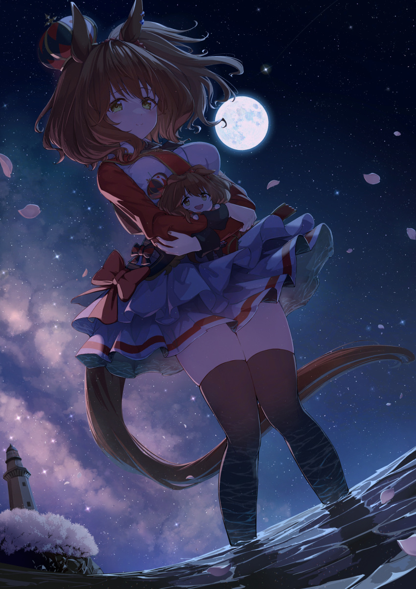 1girl absurdres animal_ears aston_machan_(umamusume) black_thighhighs breasts brown_hair cherry_blossoms coffee1223 crown doll english_commentary frilled_skirt frills from_below full_moon green_eyes highres holding holding_doll horse_ears horse_girl horse_tail large_breasts lighthouse looking_at_viewer looking_down medium_hair mixed-language_commentary moon night night_sky one_side_up partially_submerged petals skirt sky smile solo star_(sky) tail thigh-highs umamusume
