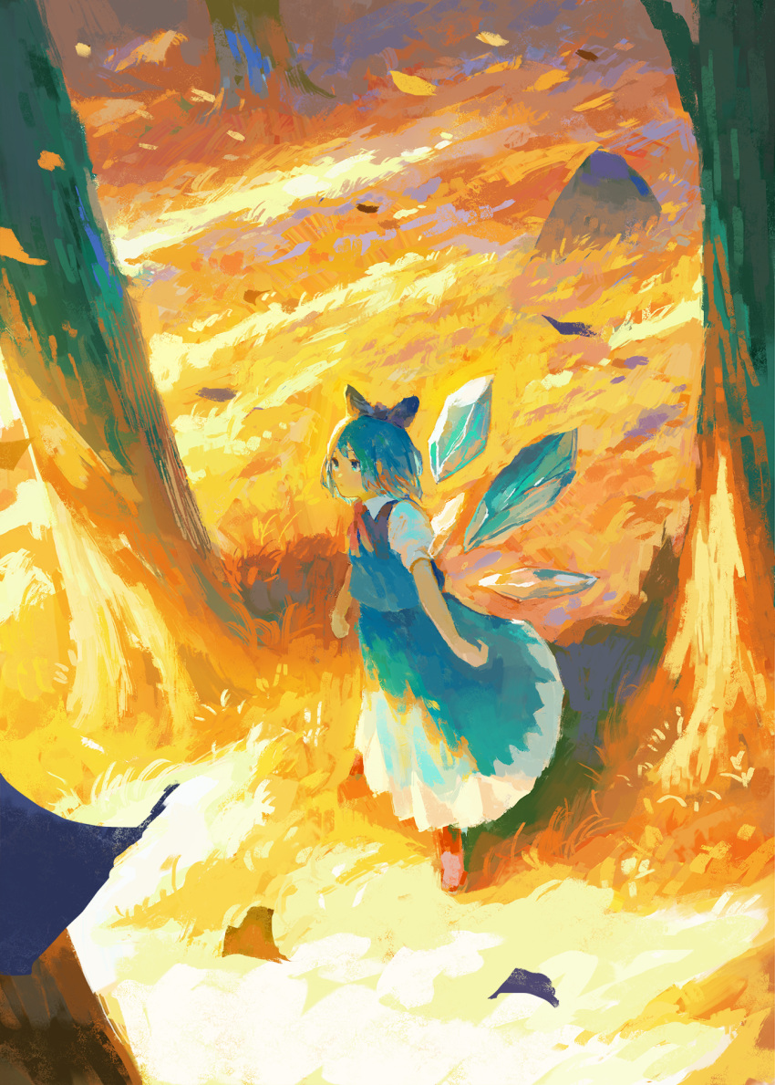 1girl ascot blue_bow blue_dress blue_eyes blue_hair bow cirno commentary_request dress falling_leaves fjsmu grass hair_bow highres ice ice_wings leaf medium_hair outdoors puffy_short_sleeves puffy_sleeves red_ascot shirt short_sleeves solo touhou tree white_shirt wide_shot wings