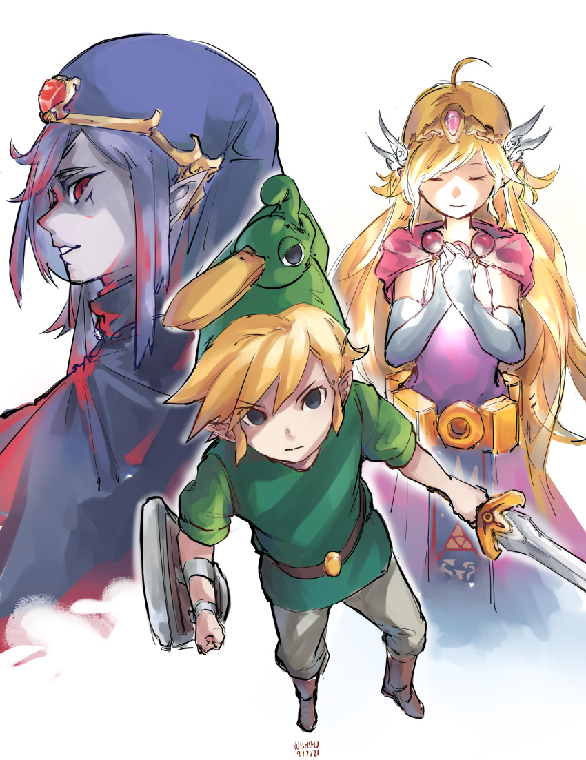 1girl 2boys black_eyes blonde_hair blue_hair boots brown_footwear closed_eyes dated dress elbow_gloves ezlo gloves hat highres holding holding_sword holding_weapon link multiple_boys pointy_ears princess_zelda red_eyes shaw9987 shield simple_background sword the_legend_of_zelda the_legend_of_zelda:_the_minish_cap tiara vaati weapon white_background white_gloves